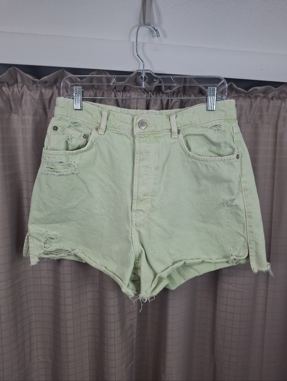 Zara Distressed High Rise Denim Short Button Fly Mint Green Size 10